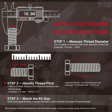 Diagram showing the use of a caliper to measure thread diameter and pitch for a 1/4-20 Helicoil Thread Repair Kit With HSS Drill Bit And Thread Inserts.