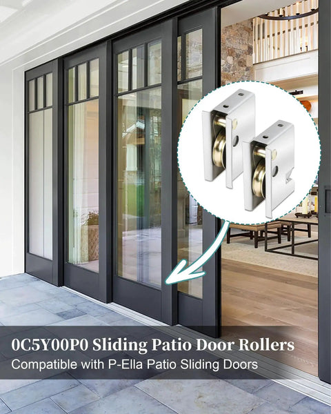 Sliding Patio Door Rollers One And One Half Inch Steel Ball Bearing Rollers Two Pack Adjustable Height Silver Finish Compatible With Pella Doors After 1992 Durable Stainless Steel Construction For Lasting Reliability And Quiet Smooth Operation On Track.