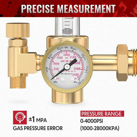 Close-up of brass Welder Gas Regulator With Flow Meter For Argon Helium And CO2 Tanks Zero To Sixty CFH Flow Range MIG TIG Compatible ARG 2
