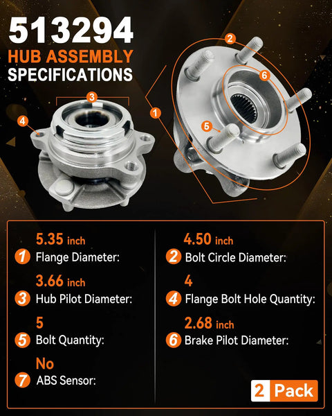 Two Pack Front Wheel Bearing Hub Assembly 513294 For Nissan Altima 2007 2008 2009 2010 2011 2012 2.5L 4 Cylinder, 5 Lug, With ABS Direct Fit Ready To Install Replaces OE 402029HC0A 40202JA000 40202JA010 40202ZX00A, hub assembly dimensions and specifications chart