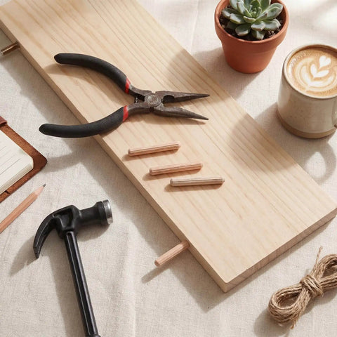 Woodworking tools and 100 Count 1/4 Inch Wood Dowel Pins on wooden board