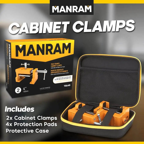 Two Pack Cabinet Clamps With Protective Case Pro Grade Solid Cast Steel Construction Built In Drill Guide With EVA Pads