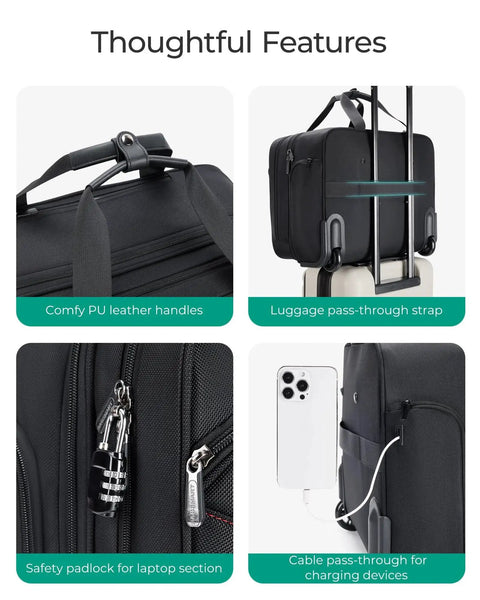 Detailed features of Rolling Laptop Bag With Wheels For 17.3 Inch Laptop, 40 Liter Capacity, showing handles, strap, lock, and charging port