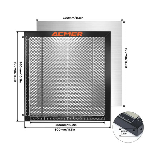 Honeycomb Laser Bed With Aluminum Panel For Laser Engravers, 300x300mm Working Area, grid pattern, detailed dimensions