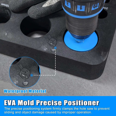 Diamond Hole Saw Drill Bit Kit 11 Piece Set Serrated Brazed Core Bits With EVA Guide Jig in use on a material surface.