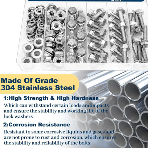 3/8-16 Stainless Steel Flange Bolts Kit, 112 Pieces With Washers And Serrated Flange Nuts, displayed in storage box