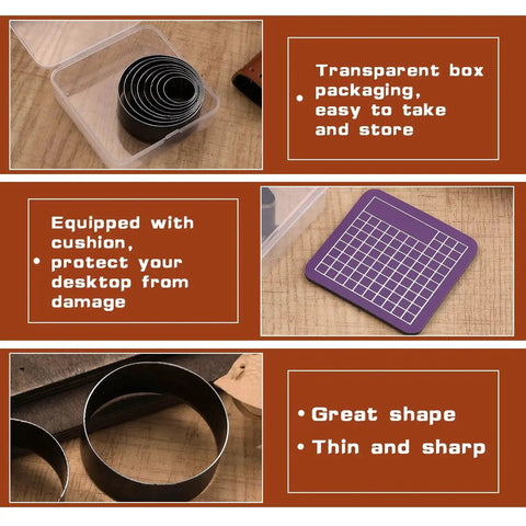 Eight Piece Leather Circle Cutter Set With High Carbon Steel Round Punches, Eight Diameters From 20 To 55 Millimeters, in packaging