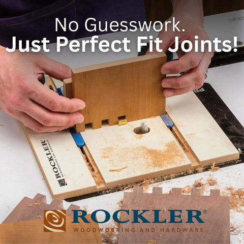 Box Joint Router Jig With Finger Joint Indexing Keys In Three Widths 1/4, 3/8 And 1/2 Inches in use on a router table