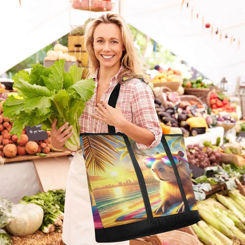 Woman holding Capybara Beach Tote Bag For Women With Zipper Insulated Cooler Bag at a farmers market