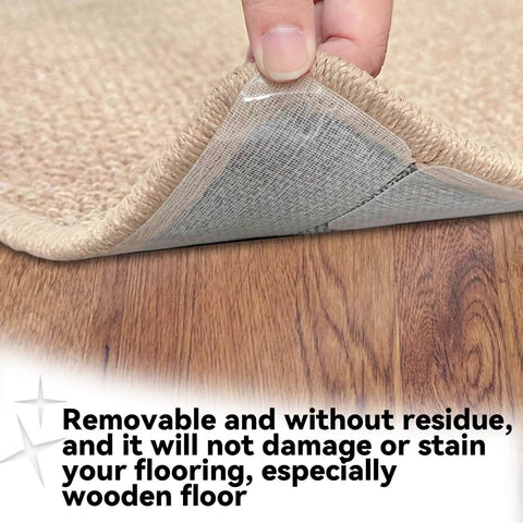No Slip Rug Grippers Kit With 16 Large Double Sided Carpet Tape Strips, Reusable And Easy To Remove, showing adhesive under rug