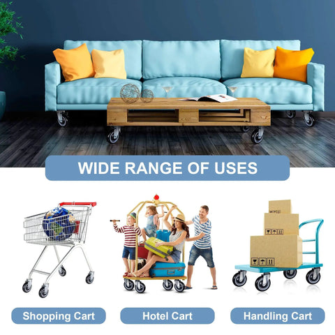 Wide range of uses with heavy duty shopping cart wheels set five inch diameter one point two five inch width three eighths bore polyurethane wheel with rust resistant core 1400 pound total load capacity four pack black and grey on different carts