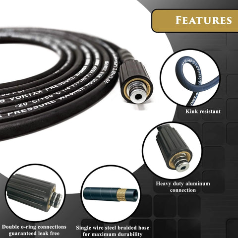 Vortxx 1/4 in x 30 ft heavy-duty pressure washer hose with M22-14mm fittings, steel wire braided, kink resistant
