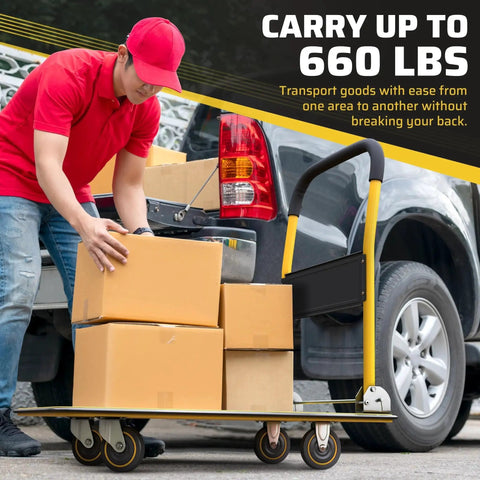 Heavy Duty Foldable Push Cart Dolly With 660 Lb Capacity loaded with boxes beside a vehicle