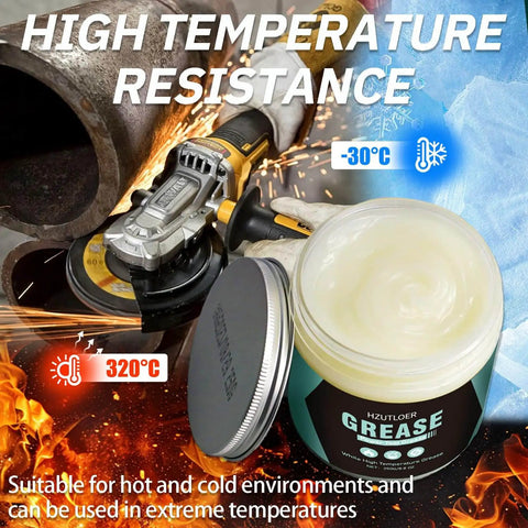 White High Temperature Lubricating Grease For Power Tools And Machinery shown with lid open near metal pipe and grinder.