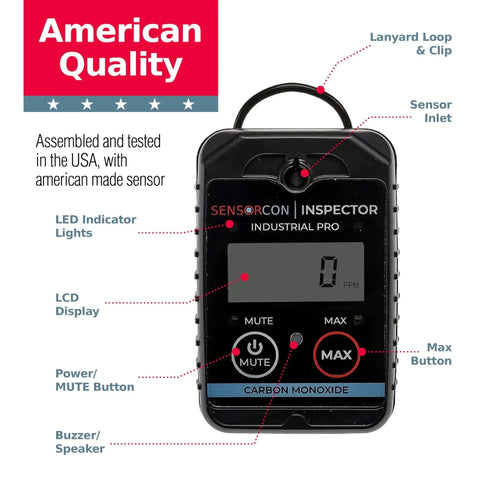 Industrial Pro Portable Carbon Monoxide Detector With Intrinsically Safe INS2 CO 03 Sensor showing front view and labeled features.