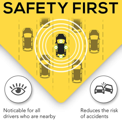 Illustration of Baby On Board Car Sign 2 Pack 5x5 Inch Bright Yellow with safety symbols showing visibility and accident prevention.