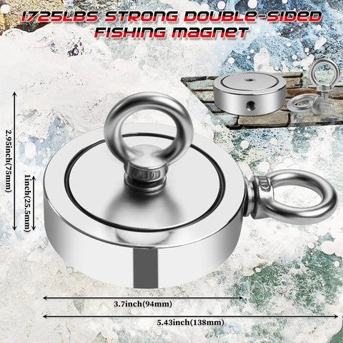 1725LB Heavy Duty Magnet Fishing Kit With Double Sided N52 Neodymium Magnets, showing round metal magnet with eye bolts