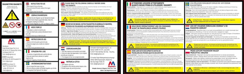 Product warning labels for Switchable Magnetic Lifter With 220 Lb Pull Off For Lifting And Positioning in multiple languages.