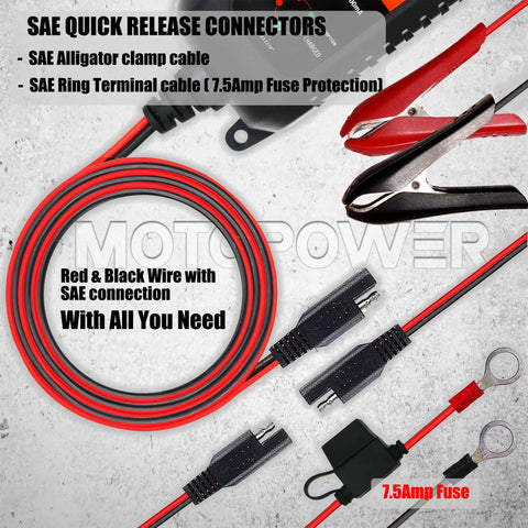 SAE Quick Release Connectors with red and black cables, alligator clamp, and ring terminal for easy battery connectivity.