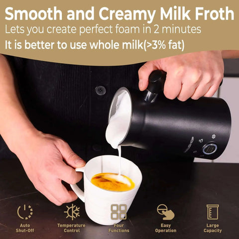 Person using 4 In 1 Electric Milk Frother And Steamer With Large Capacity For Hot Or Cold Foam Automatic Warm Milk Warmer