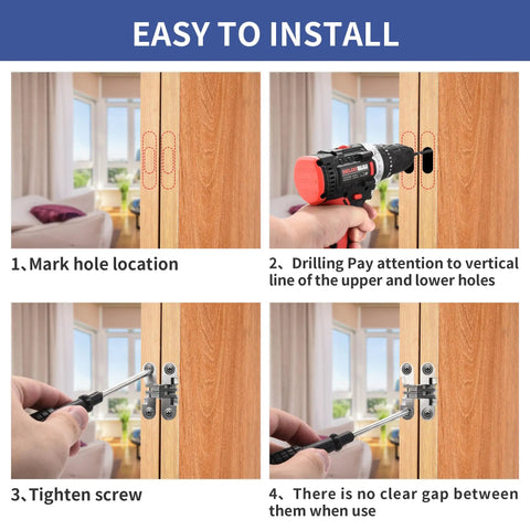 Installation process of Hidden Door Hinge Set Six Pack Cross 180 Degree Concealed Stainless Steel Hinges for cabinets and doors.