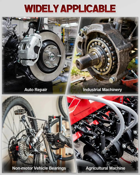 Collage showing 21 In 1 Bearing Puller Kit applications: auto repair, industrial machinery, non-motor vehicle bearings, agricultural machine.