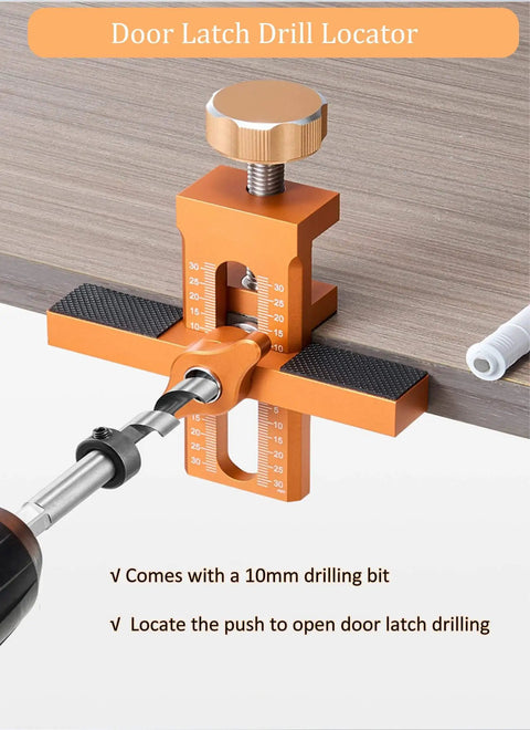 One Hand Cabinet Door Mounting Jig With 10mm Door Latch Drilling Bit Aluminum Alloy Clamp for Easy Hinge Installation