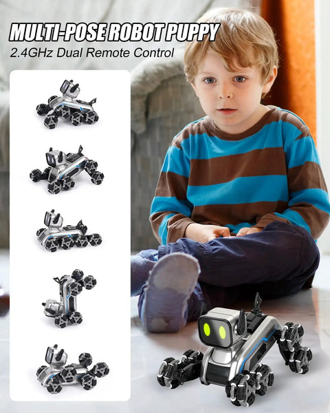 Child playing with Interactive Robot Dog RC Stunt Car With Gesture Sensing And 2 4Ghz Remote Mecanum Wheels indoors