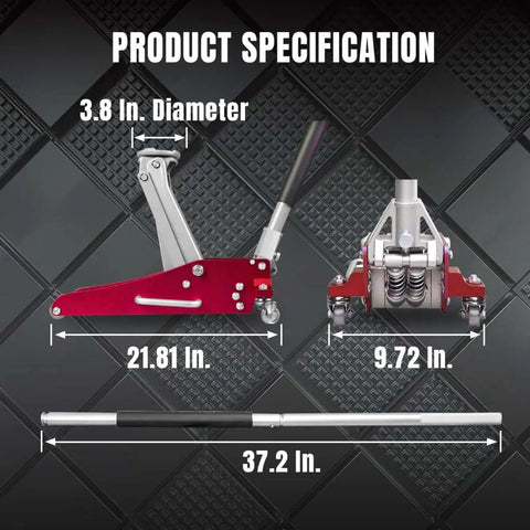 1.5 Ton Aluminum And Steel Hydraulic Floor Jack With Dual Piston Quick Lift Pump Low Profile Racing Car Jack For Vehicles Lightweight Yet Beefy 3000 Lb Capacity Red Finish dimensions