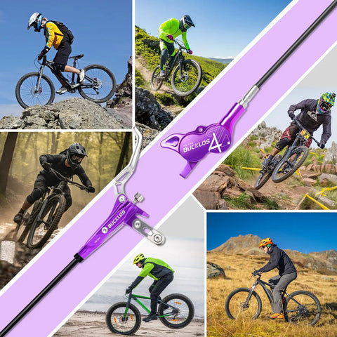 Close-up of purple Bucklos MTB hydraulic brake lever and caliper with 4-piston design; front 850mm and rear 1550mm hoses.