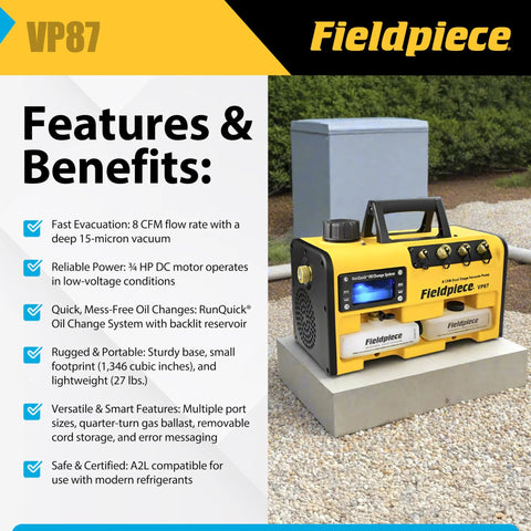 Fieldpiece VP87 vacuum pump with RunQuick oil-change system, portable yellow/black HVAC tool with two white oil bottles