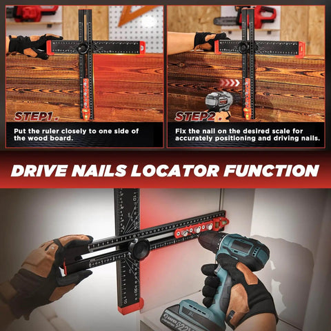 Handy 4 In 1 Drilling Positioning Ruler for Woodworking, adjustable T-square with cabinet jig, used for precise drilling.
