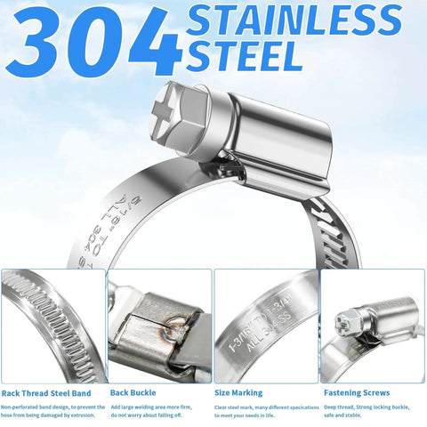 Heavy Duty Hose Clamps Set 12 Pack Stainless Steel 304 Adjustable Worm Gear Drive Clamps close-up with rack, buckle, and screw details