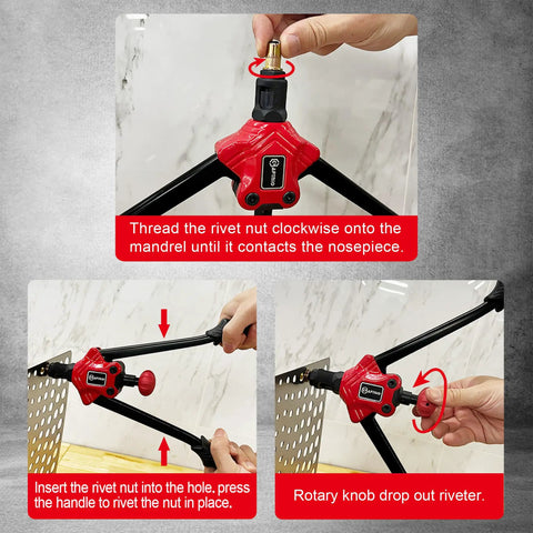 Three steps showing the Rivet Nut Tool Kit With 14 Inch Reach, 180 Piece Assortment Including 12 Metric And SAE Mandrels, Toolless Quick Change Head for installation.