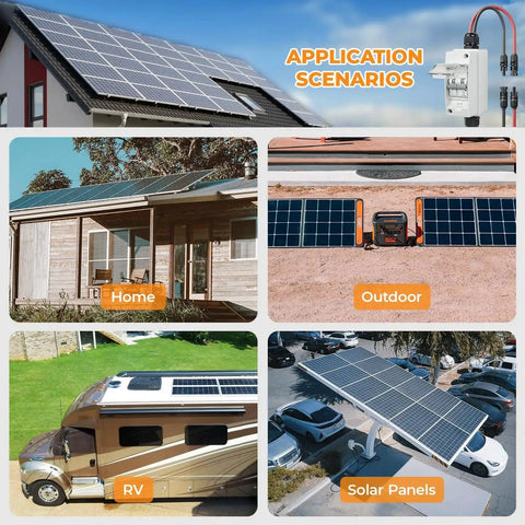Collage showing Solar Panel Disconnect Switch 1000V 60A Outdoor PV Breaker IP65 used in homes, RVs, and solar panel installations.