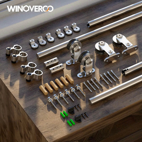 Beefy 72 Inch Top Mount Sliding Barn Door Hardware Kit Stainless Steel Heavy Duty Track For Double Doors, Smooth Quiet Operation, Fits Doors Up To 18.5 By 2 Inches, Easy Install, Panel Not Included components laid out on wood surface.