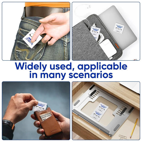 Moistened Lens Wipes 200 Count for Eyeglasses Cameras Phones Screens Laptops shown in various usage scenarios.
