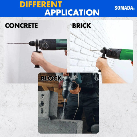 Image showing Long 1 Inch SDS Plus Drill Bit For Rotary Hammers, 39 Inch Overall Length, 10mm SDS Plus Shank, 4-Cutter Carbide Tip in use on concrete, brick, and block by SOMADA
