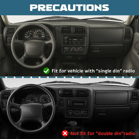 Dash Radio Bezel Cover Black ABS For 1998 To 2004 Chevy S10 Blazer GMC Jimmy installed view showing fit for single-DIN radio