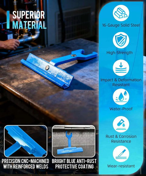 One-Handed Magnetic Duct Cleat Tool For TDC TDF PPC PPF Clips with 4 Inch Handle, blue coating, on a workbench with material specs overlay.
