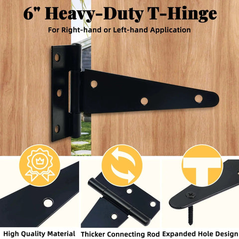 6-inch heavy-duty T-hinge on wooden surface with detail views, part of Heavy Duty Shed Door Hardware Kit With 5.5 Inch T Handle Lock, Six 6 Inch T Hinges, Two Shed Door Latches, A Complete Double Door Lock Installation Set For Windows, Gates, Barns, Playhouses, Chicken Coops And Outdoor Sheds.