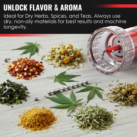 Replacement Chain And Ball Set For Wakit Grinder RollBotz with herbs and spices, shown in use with electric herb grinder.