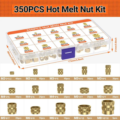 Image of 350-piece hot melt nut kit featuring various sizes neatly arranged in a clear plastic storage box.