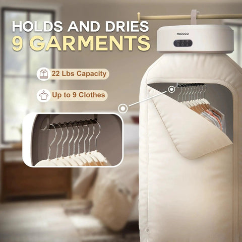 Portable Compact Clothes Dryer For Apartments And Travel With Adjustable Timer, showing 9 garments hanging inside.
