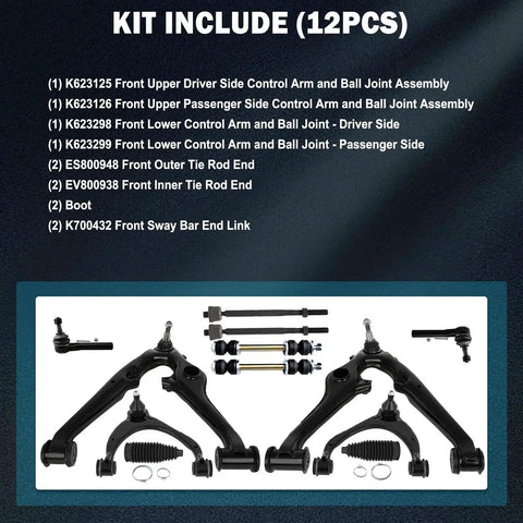 AMCCM 12-piece front suspension kit: black steel control arms, ball joints, tie rod ends and boots