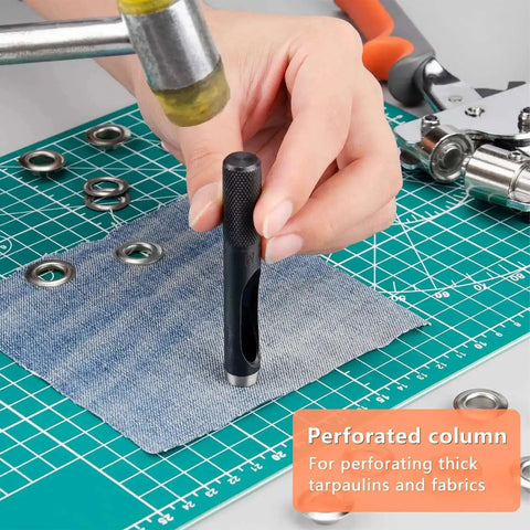 Using Heavy Duty Grommet Tool Kit With Eyelet Plier Handheld Puncher Set on fabric with silver grommets on cutting mat