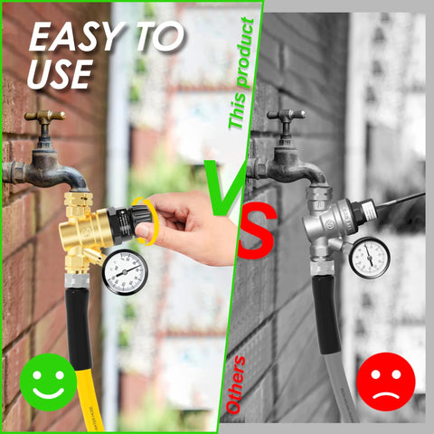 Brass lead-free AOLINK RV water pressure regulator with gauge and inlet filter, attached to a hose.