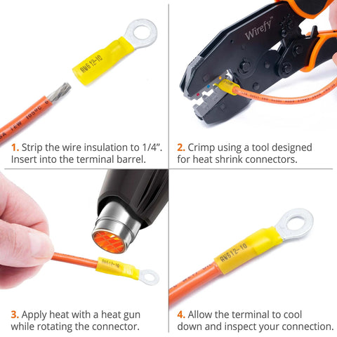 Step-by-step guide on using the All In One Heat Shrink Wire Connectors Kit For Marine And Auto Use with tool and heat gun.