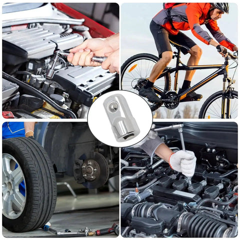 Socket adapter 1/4 in drive to 1/2 in male, Cr-V steel, silver finish; shown in center of tool collage.