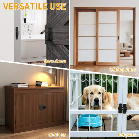 Versatile use of 2 Pack 90 Degree Flip Barn Door Lock Set For Privacy And Real Deal Security on barn doors, sliding doors, cabinets, pet gates.